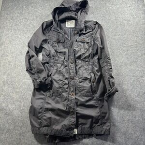 Ruehl No. 925 Hooded Parka Utility Jacket Women Large Gray Drawstring Cotton Y2K